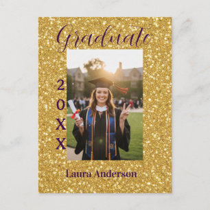 Gold glitter photo graduation add name class text postcard