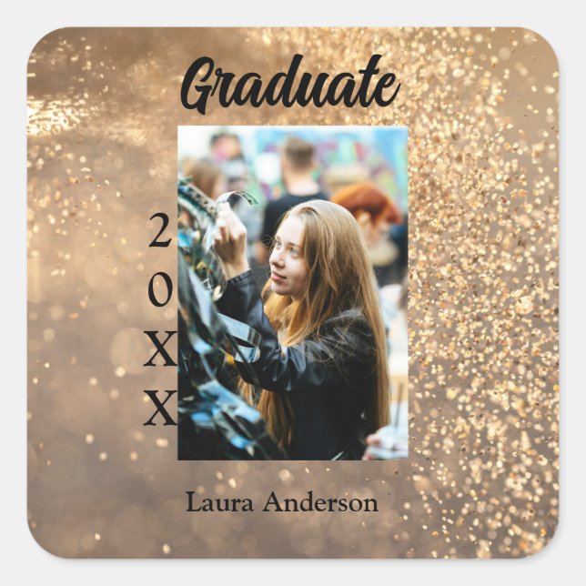 Gold glitter photo graduation add name class text square sticker (Front)