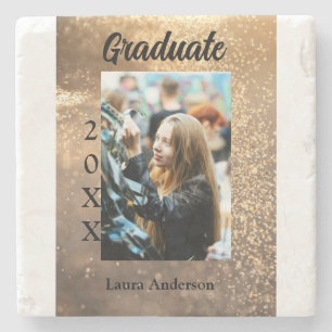 Gold glitter photo graduation add name class text stone coaster