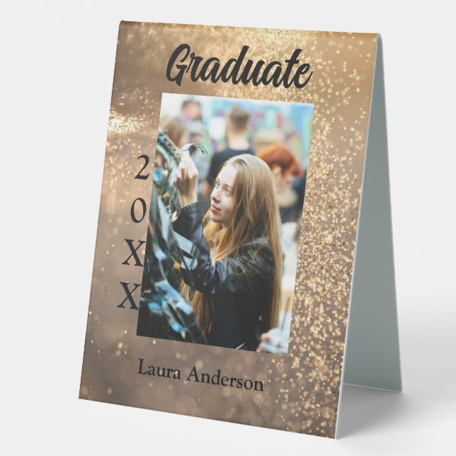 Gold glitter photo graduation add name class text table tent (Front)