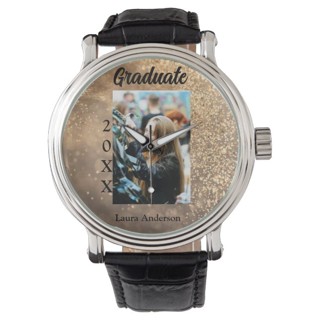 Gold glitter photo graduation add name class text watch (Front)