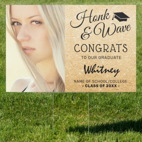 Gold Glitter Photo Graduation Congratulations Sign - Glamorous graduation yard sign featuring a sparkly gold glitter background, a photo of the graduate, a graduation cap, and a congratulations template that is easy to personalize.