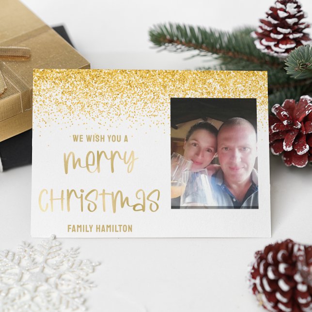 Gold Glitter Photo Horizontal Christmas Flat Holiday Card (Creator Uploaded)