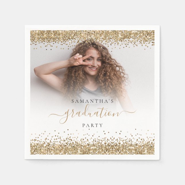 Gold Glitter Photo Name Graduation 2024 Party Napkins (Front)