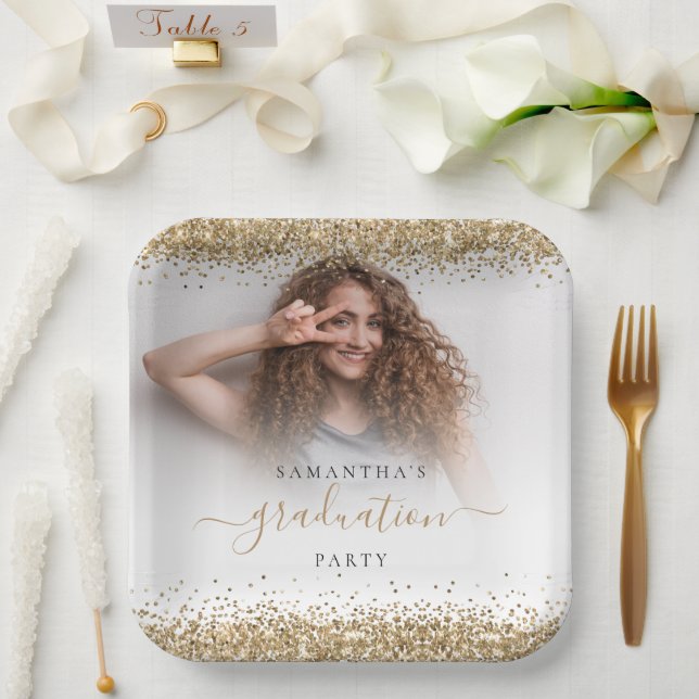 Gold Glitter Photo Name Graduation 2024 Party Pape Paper Plates (Wedding)