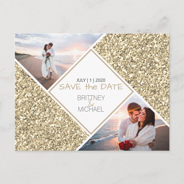 Gold Glitter Photo Photo Save the Date Postcard (Front)