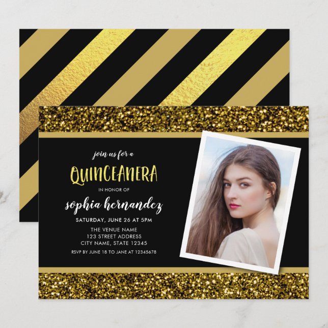 Gold Glitter Photo Quinceanera Invitation (Front/Back)
