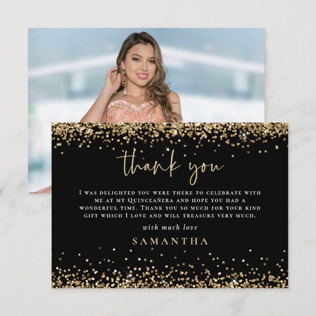 Gold Glitter Photo Quinceañera Thank You Black Note Card (Front/Back)