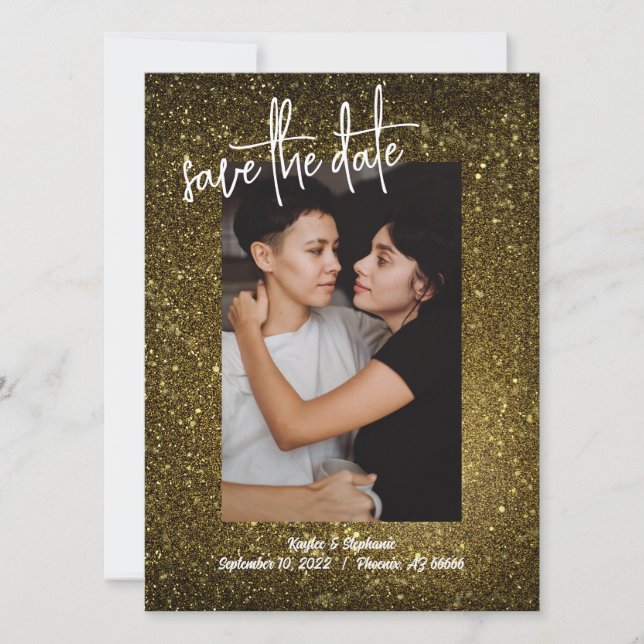 Gold Glitter Photo Save the Dates - Bling Style Date (Front)