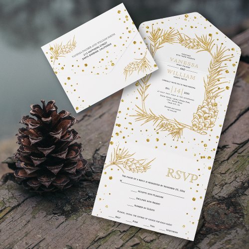 Gold glitter pine and confetti winter wedding all in one invitation