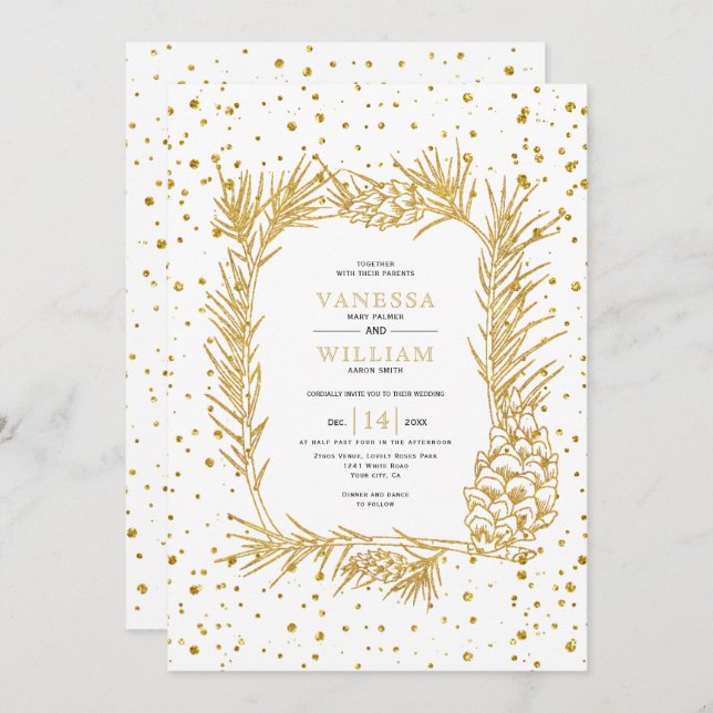 Gold glitter pine and confetti winter wedding invitation (Front/Back)