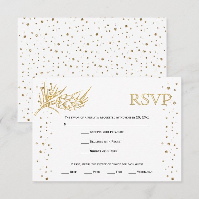 Gold glitter pine and confetti winter wedding  RSV RSVP Card (Front/Back)