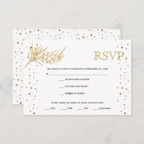 Gold glitter pine and confetti winter wedding  RSV RSVP Card