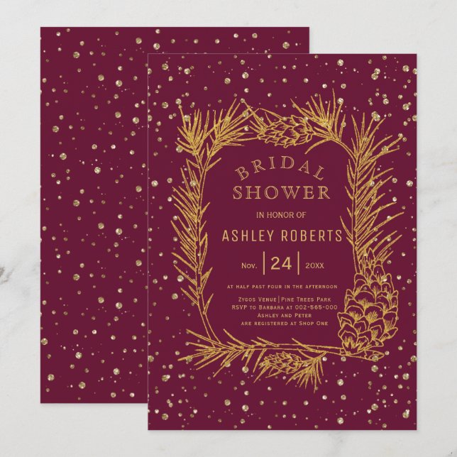 Gold glitter pine burgundy winter bridal shower invitation (Front/Back)