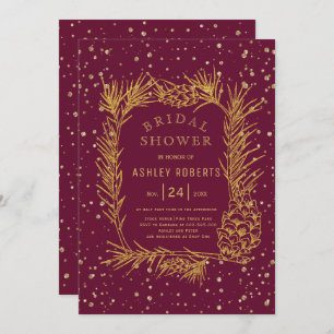 Gold glitter pine burgundy winter bridal shower invitation