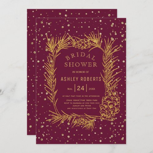 Gold glitter pine burgundy winter bridal shower invitation