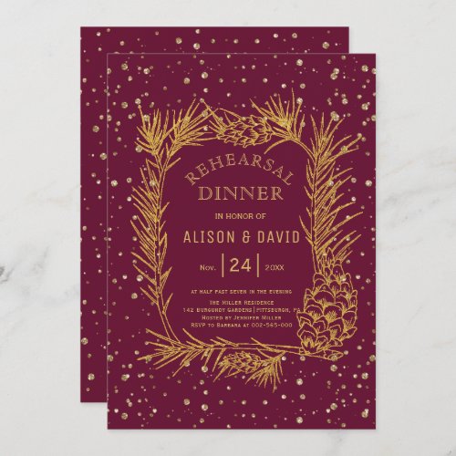 Gold glitter pine burgundy winter rehearsal dinner invitation