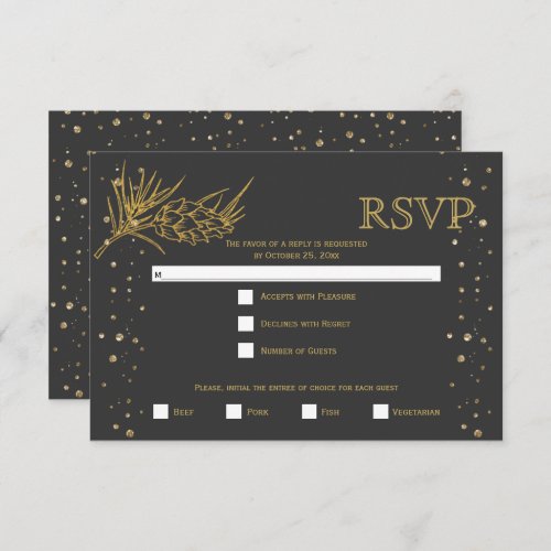 Gold glitter pine charcoal gray winter wedding RSVP card