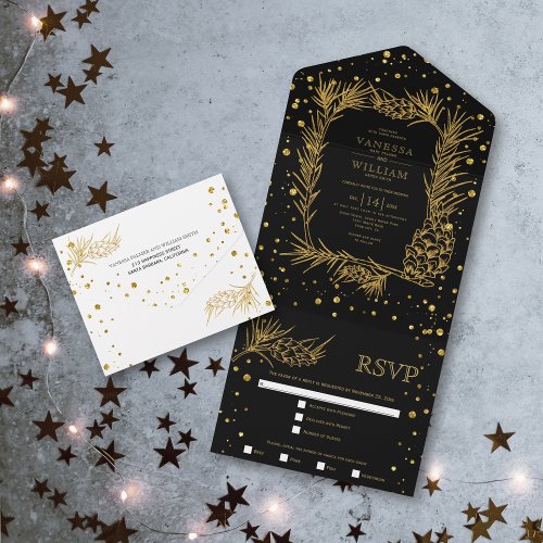 Gold glitter pine confetti black wedding  all in one invitation