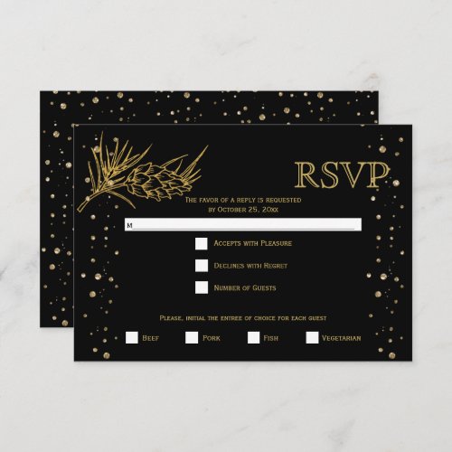 Gold glitter pine confetti black winter wedding RSVP card