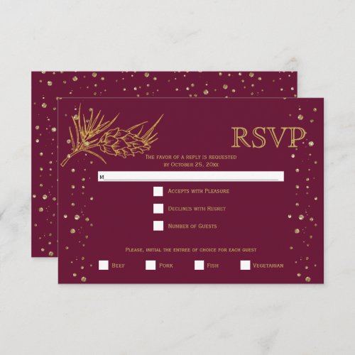 Gold glitter pine confetti burgundy winter wedding RSVP card