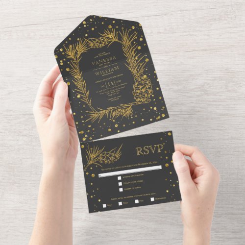 Gold glitter pine confetti charcoal gray wedding all in one invitation