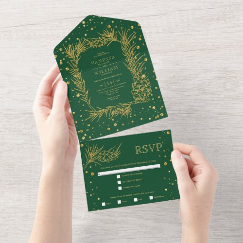 Gold glitter pine confetti emerald green wedding all in one invitation