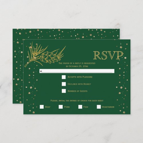 Gold glitter pine confetti green winter wedding RSVP card