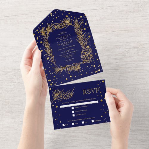 Gold glitter pine confetti navy blue wedding all all in one invitation