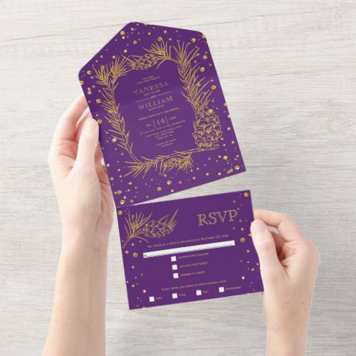 Gold glitter pine confetti purple wedding all in one invitation