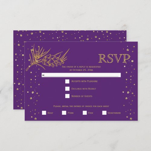 Gold glitter pine confetti purple winter wedding RSVP card