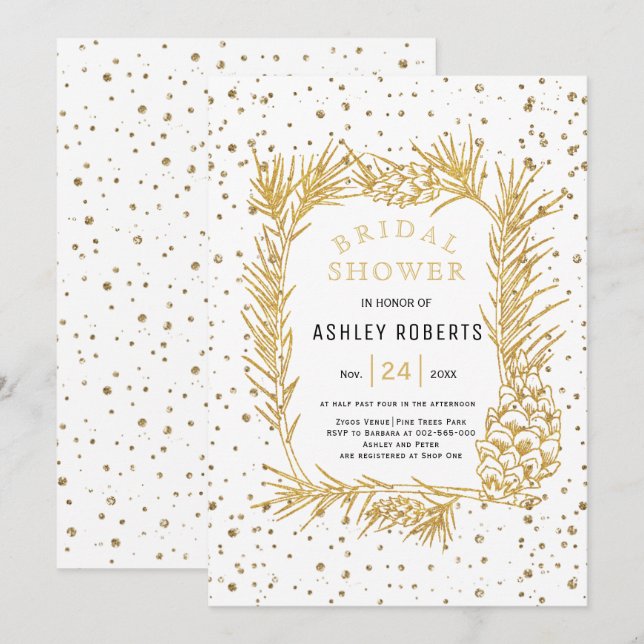 Gold glitter pine, confetti winter bridal shower invitation (Front/Back)