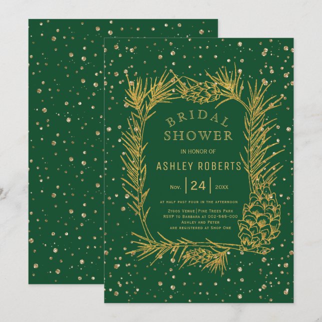 Gold glitter pine emerald green bridal shower invitation (Front/Back)