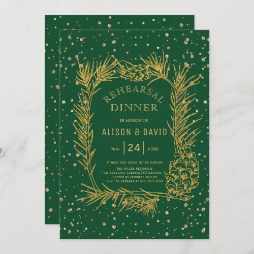 Gold glitter pine emerald green rehearsal dinner invitation