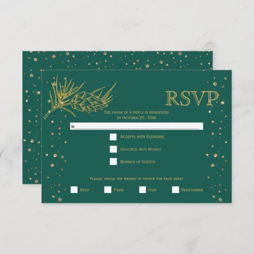 Gold glitter pine evergreen green winter wedding RSVP card