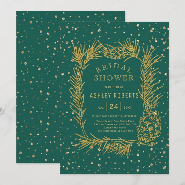 Gold glitter pine evergreen winter bridal shower invitation (Front/Back)