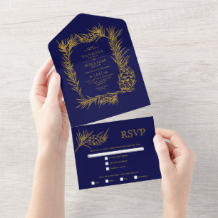 Gold glitter pine frame navy blue winter wedding all in one invitation