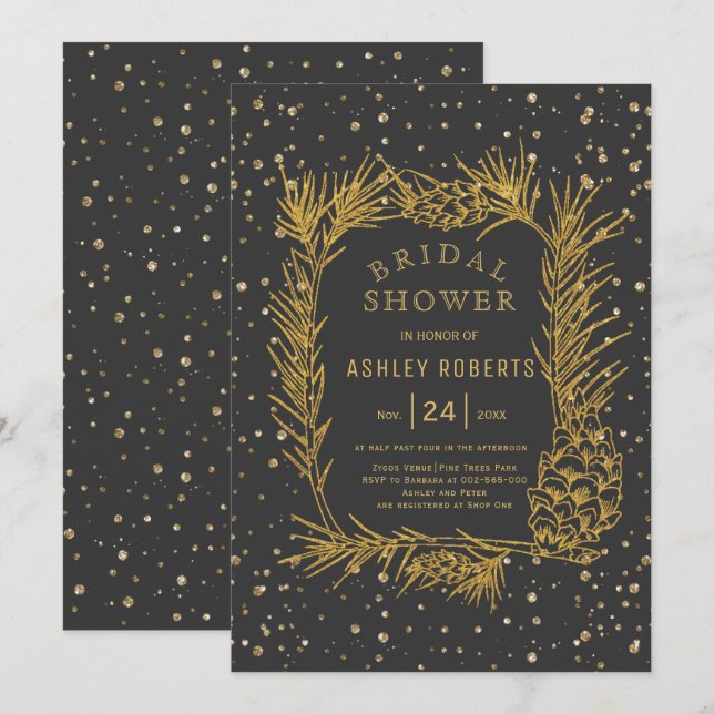 Gold glitter pine gray winter bridal shower invitation (Front/Back)