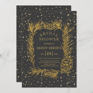 Gold glitter pine gray winter bridal shower invitation