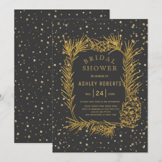 Gold glitter pine gray winter bridal shower invitation