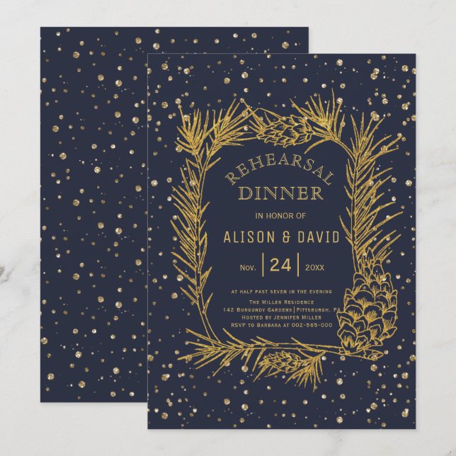 Gold glitter pine midnight blue rehearsal dinner invitation (Front/Back)