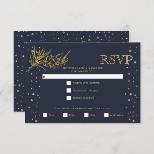 Gold glitter pine midnight blue winter wedding RSVP card