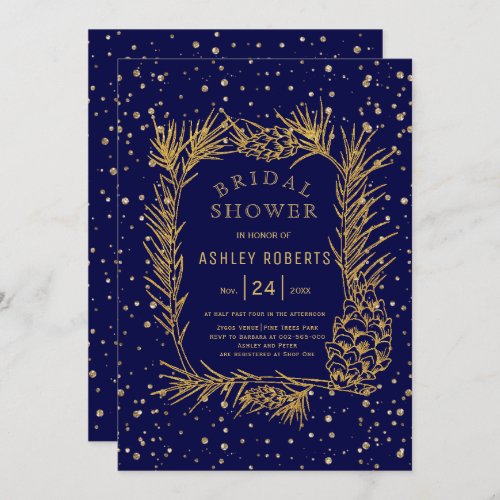 Gold glitter pine navy blue winter bridal shower invitation