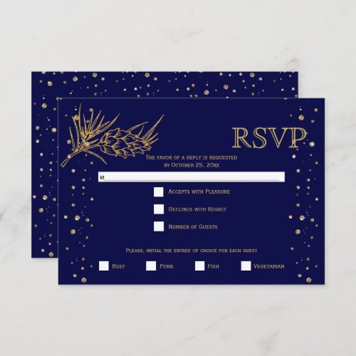 Gold glitter pine navy blue winter wedding RSVP card