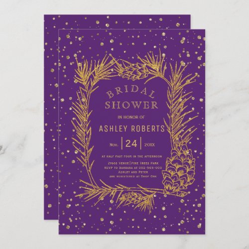 Gold glitter pine purple winter bridal shower invitation
