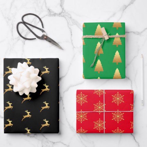 Gold Glitter Pine Tree Reindeer Snowflakes Festive Wrapping Paper Sheets