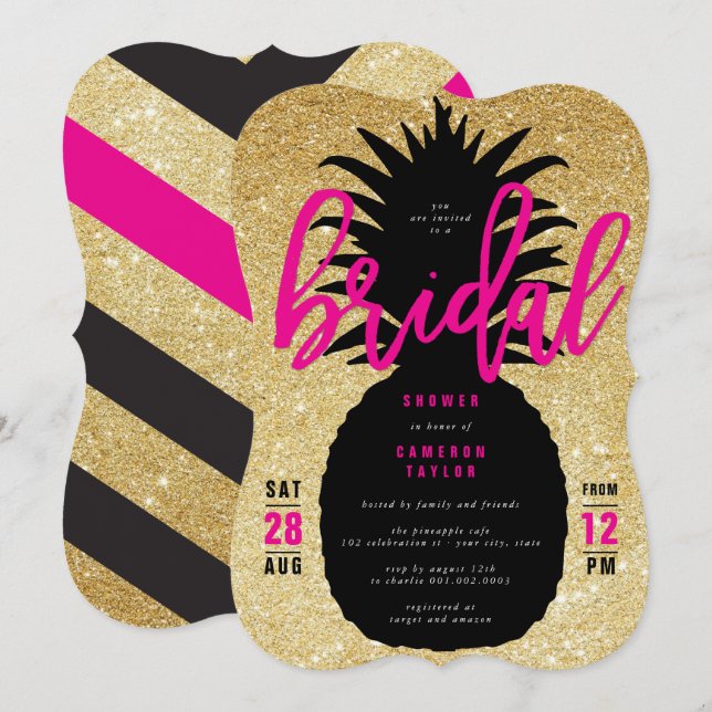 Gold Glitter Pineapple Chic Bridal Shower Invite (Front/Back)