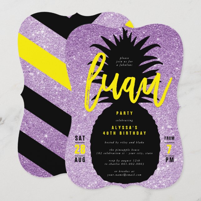 Gold Glitter Pineapple Luau Birthday Party Invite (Front/Back)