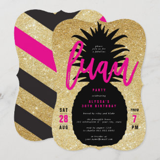 Gold Glitter Pineapple Luau Birthday Party Invite