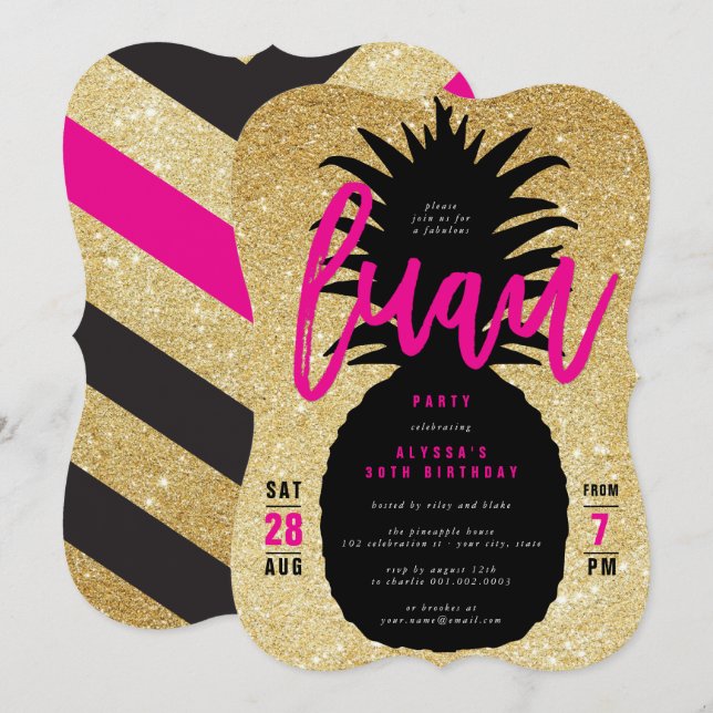 Gold Glitter Pineapple Luau Birthday Party Invite (Front/Back)